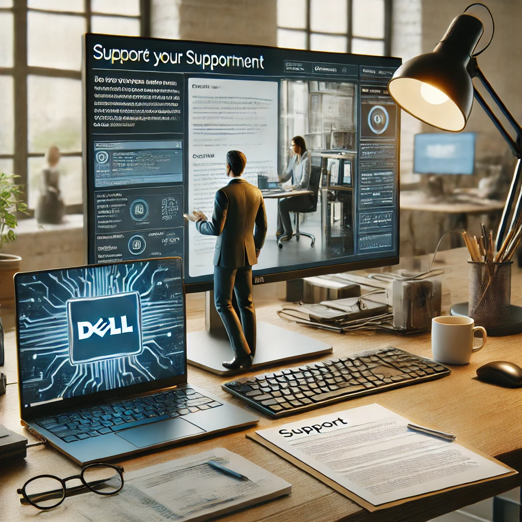 Dell workstation setup, including a laptop, monitor, and accessories, highlighting repair and replacement options