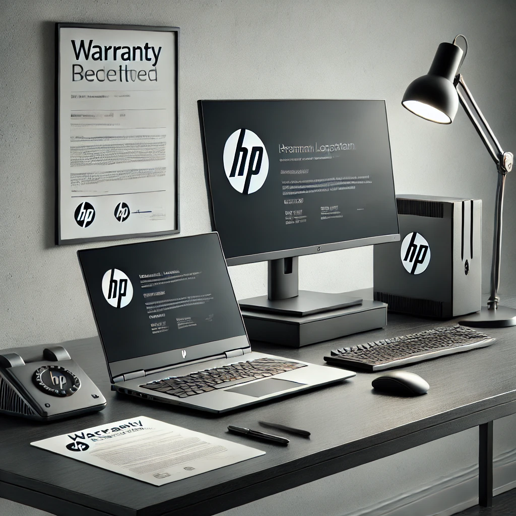 HP laptop, workstation, and monitor on a clean desk, with warranty-related documents nearby, emphasizing customer support and productivity.