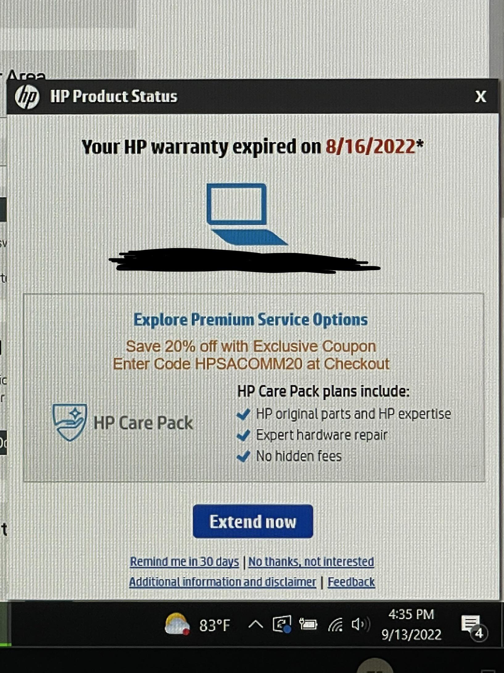 HP Warranty Status Popup