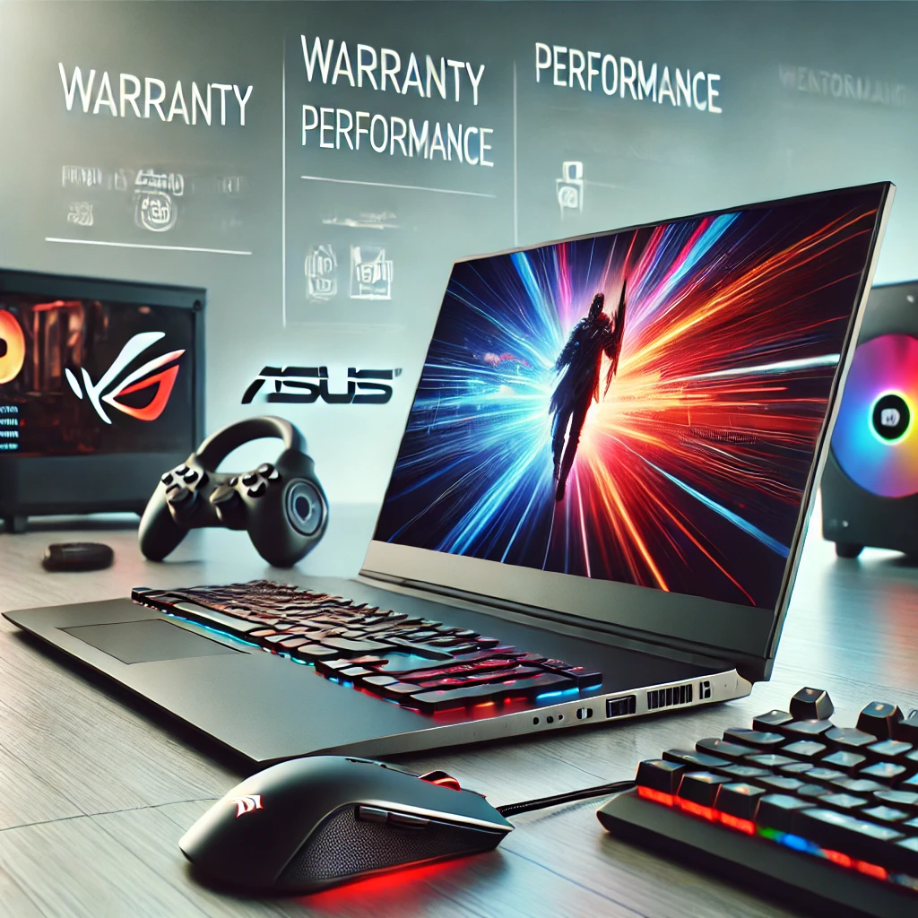 Modern ASUS laptop with sleek design surrounded by gaming peripherals, including a mechanical keyboard, gaming mouse, and a vibrant external monitor.