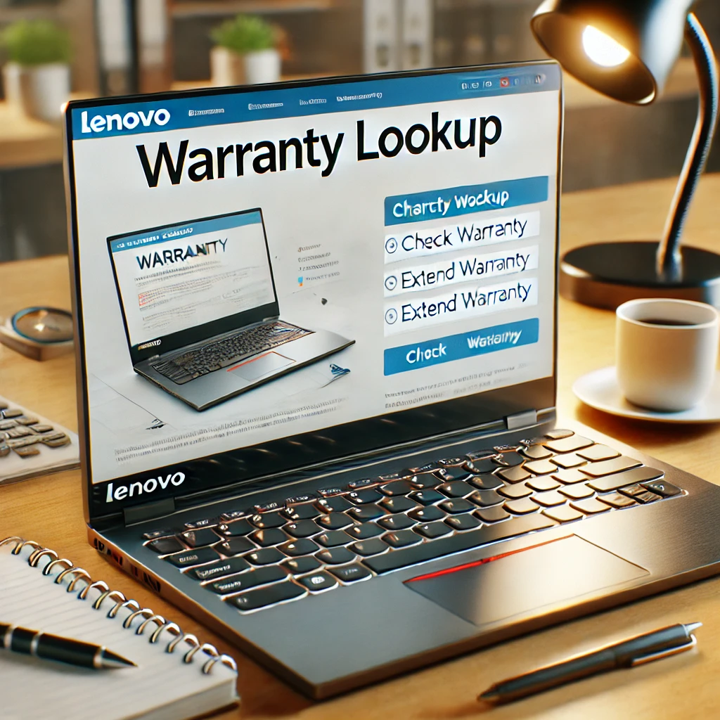 Lenovo laptop with warranty lookup information on the screen