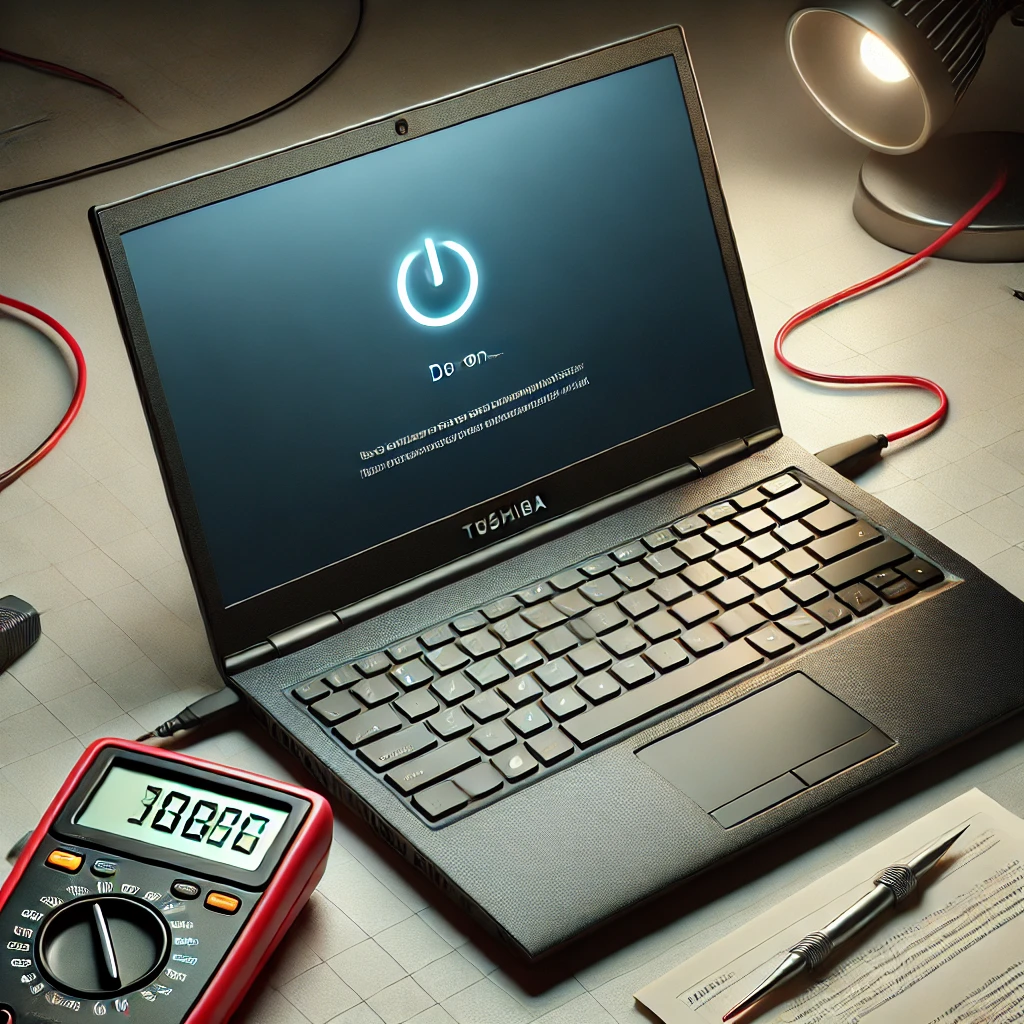 The image of a Toshiba laptop not turning on, with tools for troubleshooting nearby