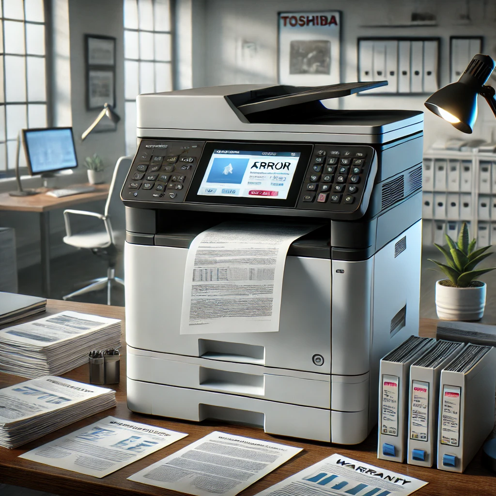 Close-up of a Toshiba multifunction printer and scanner in an office environment, emphasizing warranty-related details and maintenance