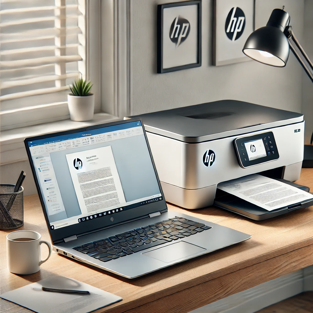 A laptop connected to an HP printer in a home office setting, showing a cable connection between the two devices. The printer is actively printing a document, with a desk setup that includes a coffee mug and notepad, depicting an everyday usage scenario.