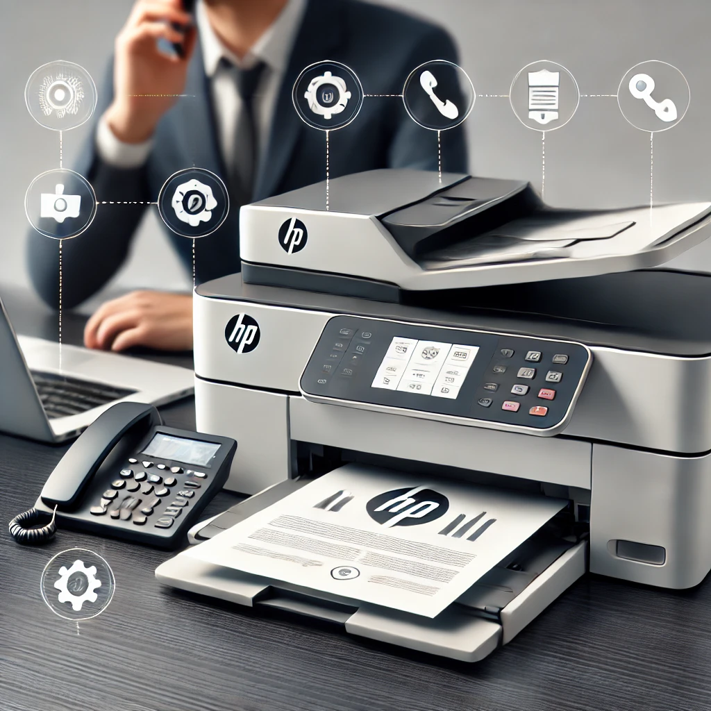 A modern HP printer on a desk with a laptop and a person holding a phone, representing support and troubleshooting assistance.