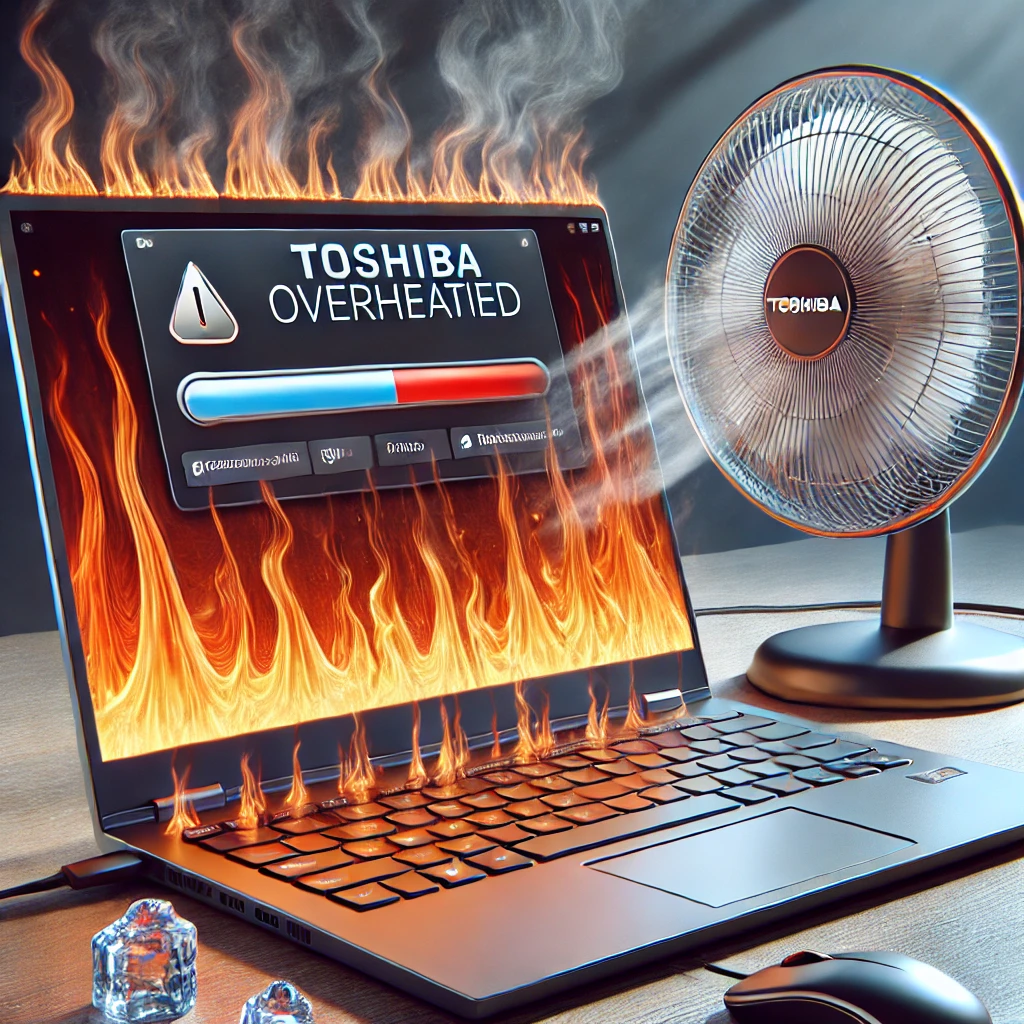 A Toshiba laptop overheating on a desk, with visible heat waves and a warning message on the screen, accompanied by a small fan trying to cool it down